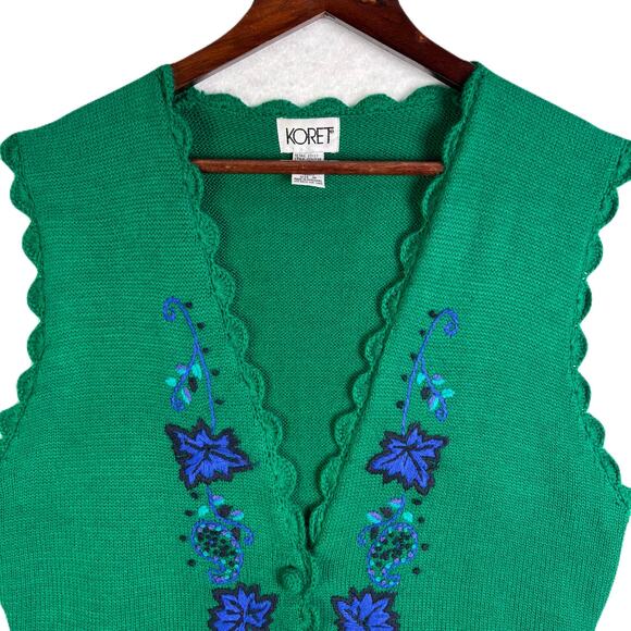 KORET Vintage Green Knit Sweater Vest w/Blue Embroidered Flowers Womens Size M - Picture 2 of 11